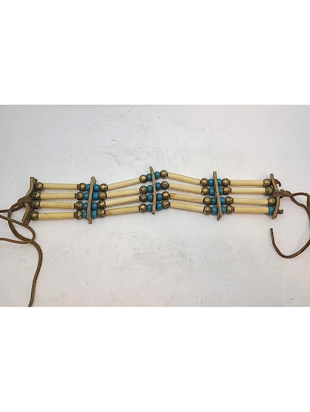 Native American Vintage 4 Strand Tribal Choker Necklace Bone Beaded Teal Leather